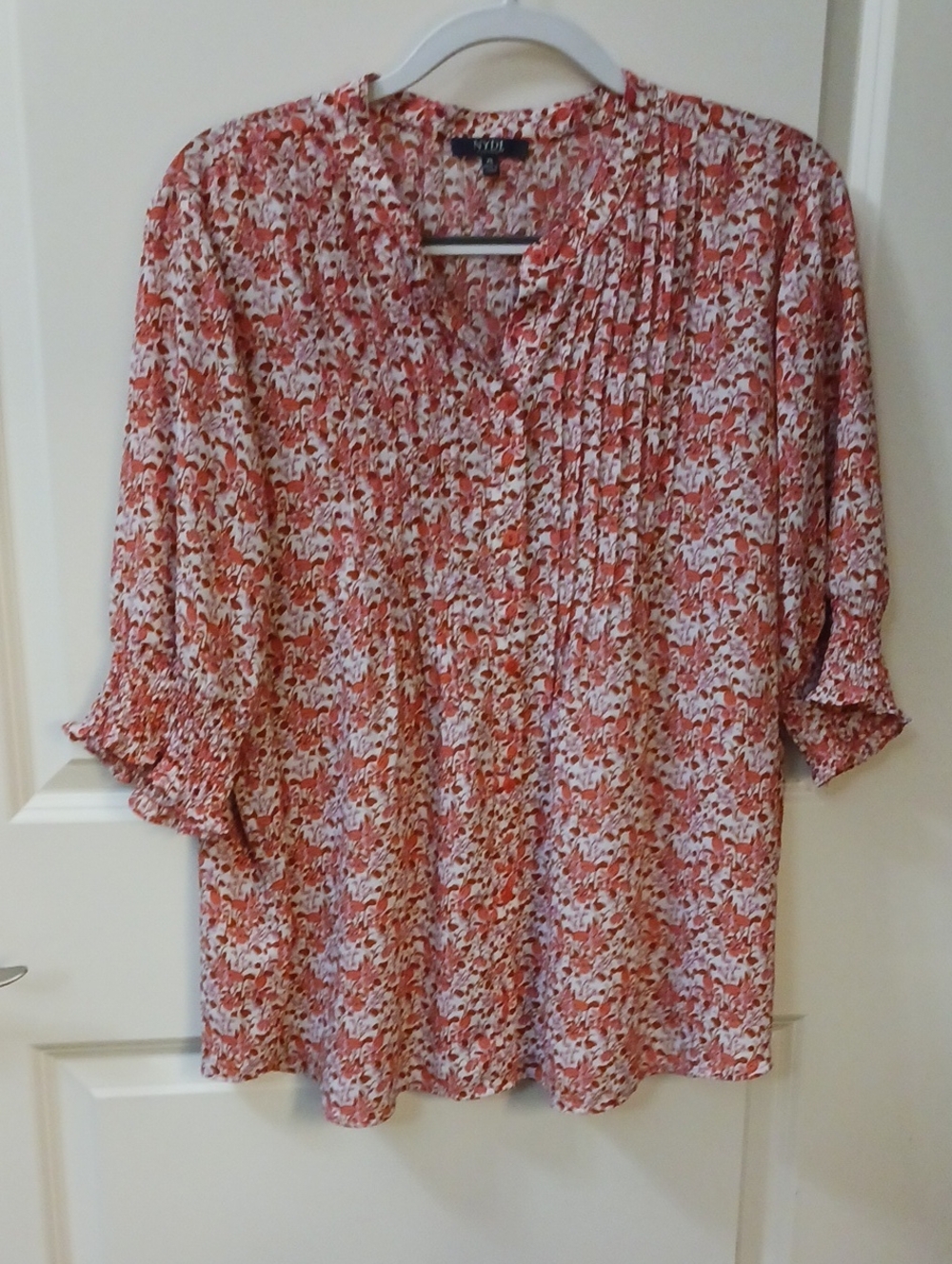 NYDJ Coral Pink Floral Pintuck V-Neck Blouse